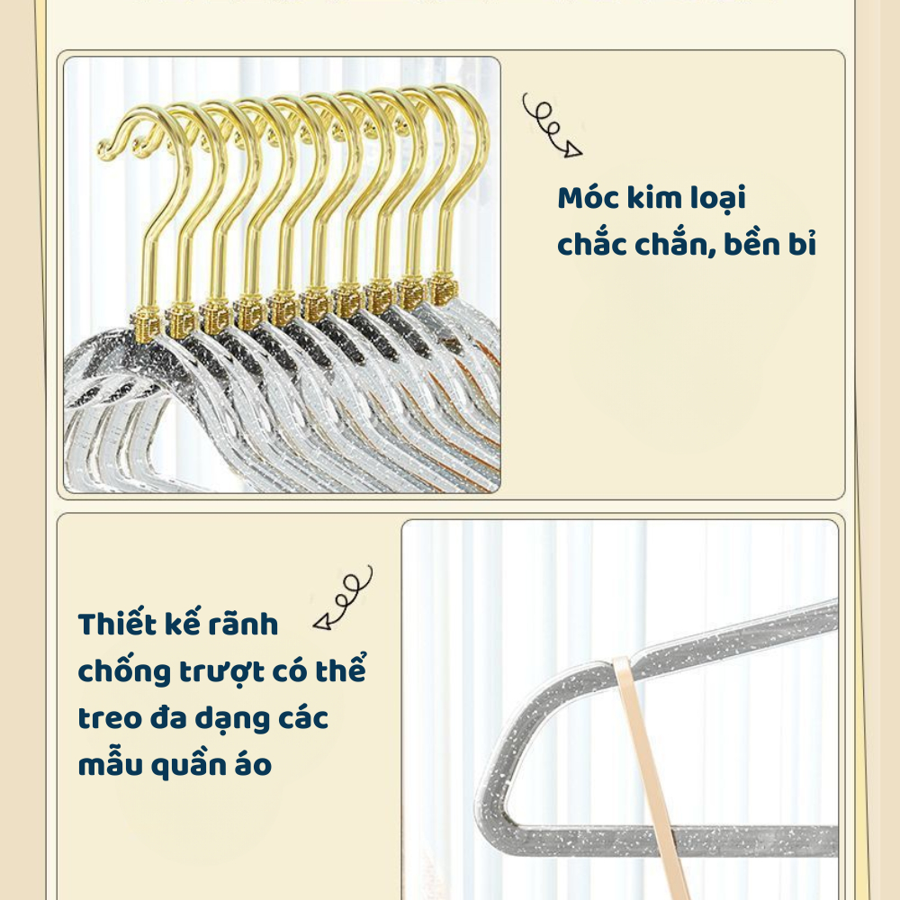 Combo 10 móc treo quần áo trong suốt DINO , mắc quần áo kim tuyến chống trượt xoay 360 độ đa năng thiết kế hiện đại