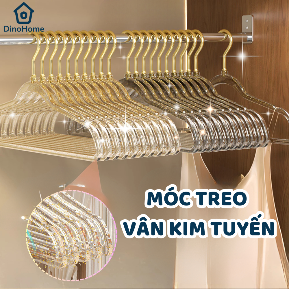 Combo 10 móc treo quần áo trong suốt DINO , mắc quần áo kim tuyến chống trượt xoay 360 độ đa năng thiết kế hiện đại