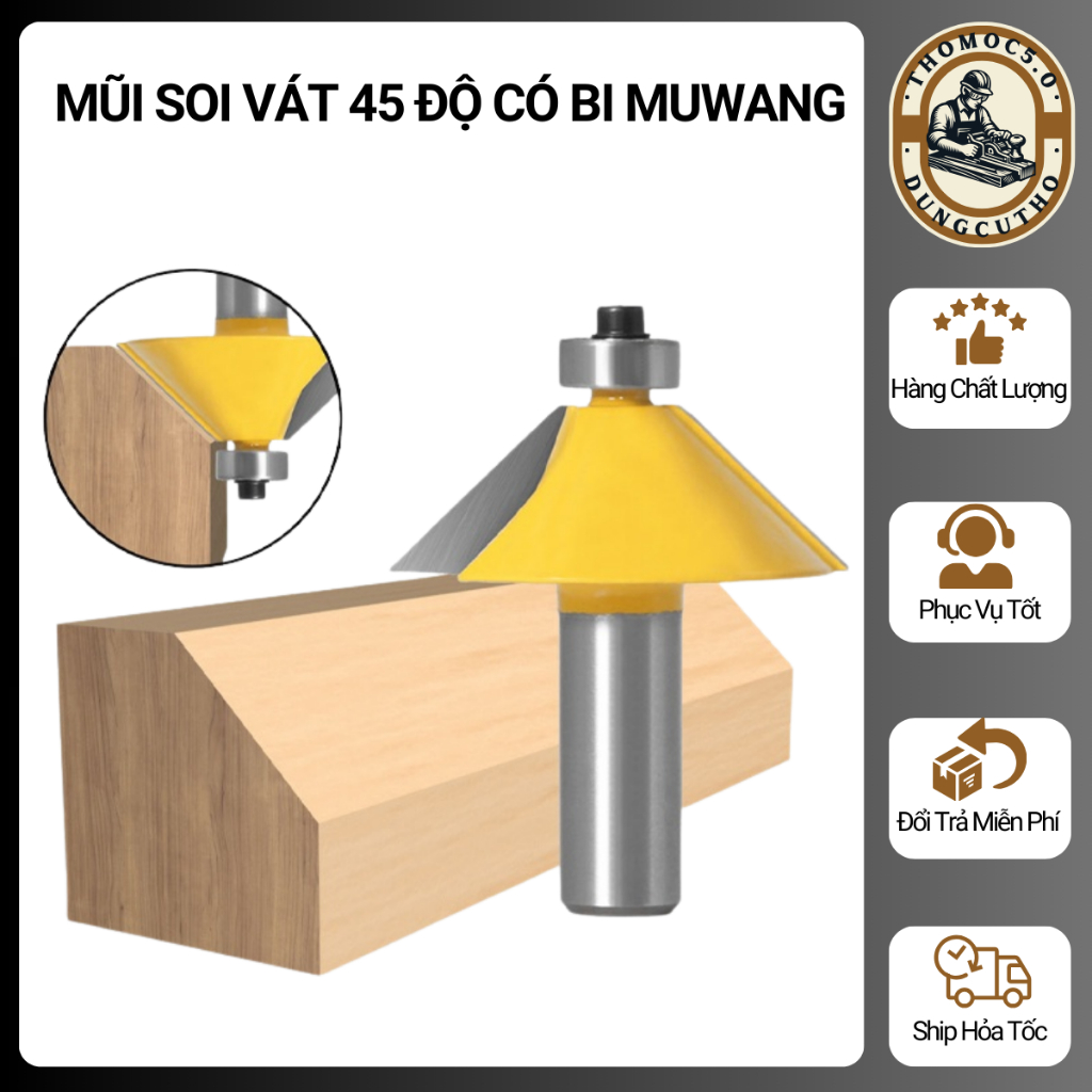 MŨI SOI GỖ - MŨI PHAY VÁT 45 ĐỘ CÓ BI CAO CẤP MUWANG ĐÀI LOAN [Thomoc5.0]