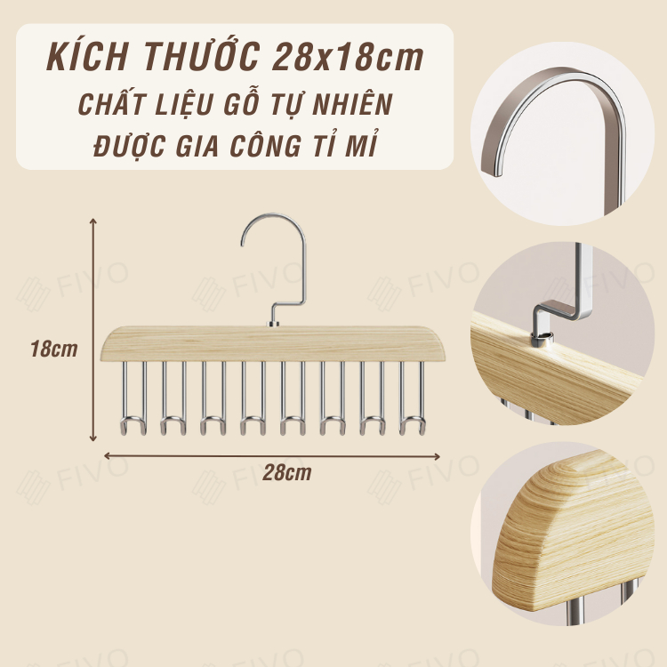 Ảnh Móc Treo Quần Áo 8 Nhánh Gỗ Tự Nhiên FIVO FM01, Treo Đồ Lót, Cà Vạt, Thắt Lưng Gọn Gàng, Móc Xoay 360 Độ Chắc Chắn 4