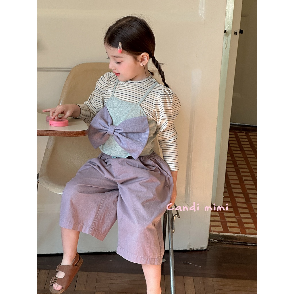 CANDIMIMI Áo kẻ giả gile 2 lớp đính nơ - Phong cách Hàn Quốc