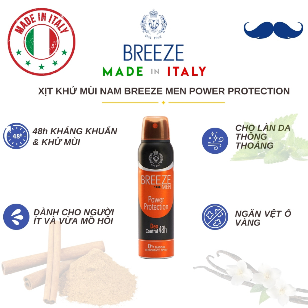 [SIÊU ƯU ĐÃI 50%] Xịt Khử Mùi Nam Breeze Men Power Protection 150ml – Hương Nước Hoa Ý – Khử Mùi 48h
