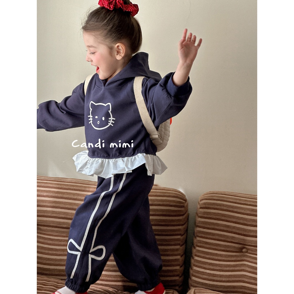 CANDIMIMI Set xanh áo hoodie hình mèo và quần bomber đính nơ - Phong cách Hàn Quốc