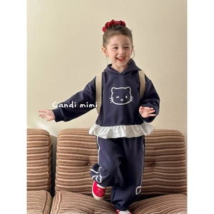 CANDIMIMI Set xanh áo hoodie hình mèo và quần bomber đính nơ - Phong cách Hàn Quốc