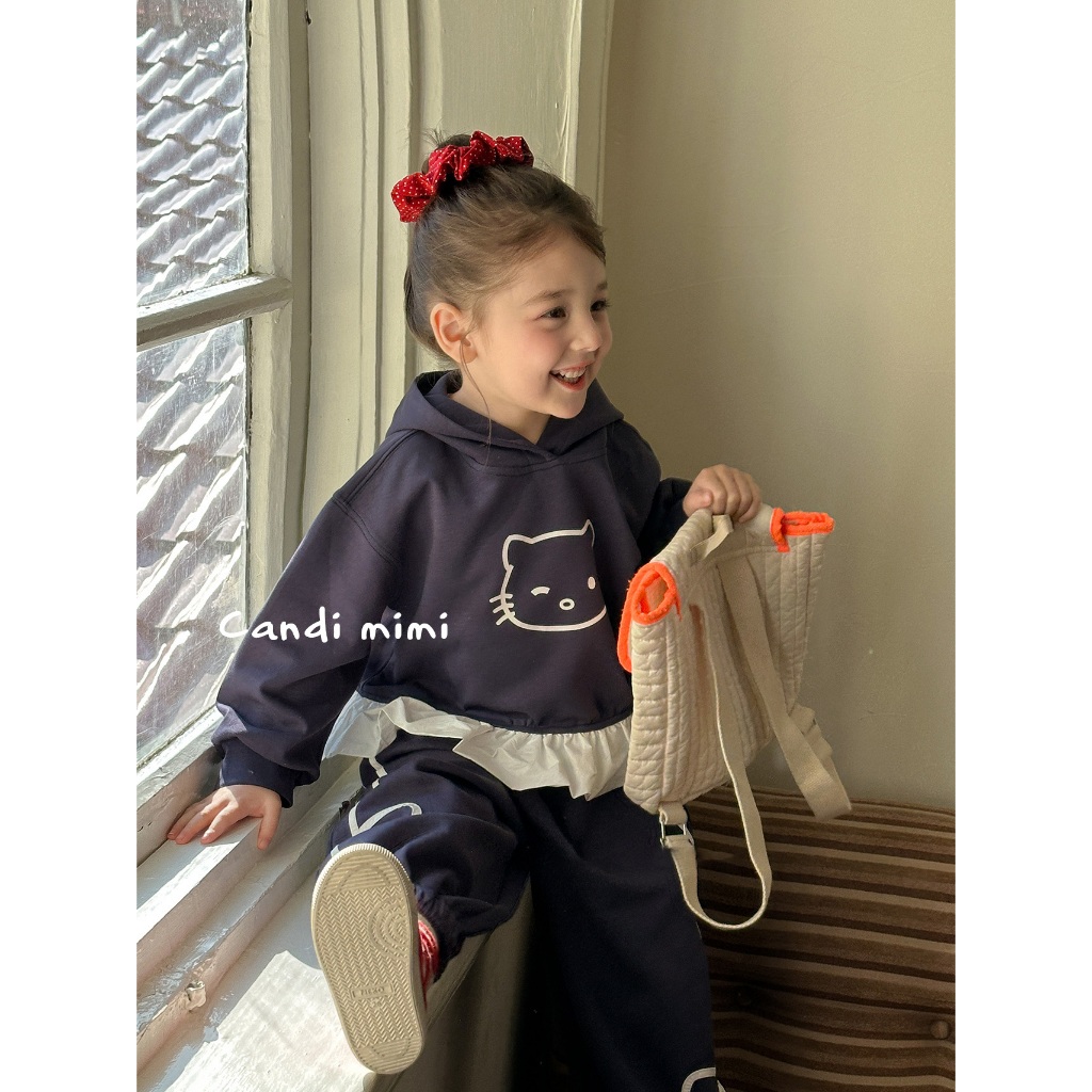 CANDIMIMI Set xanh áo hoodie hình mèo và quần bomber đính nơ - Phong cách Hàn Quốc