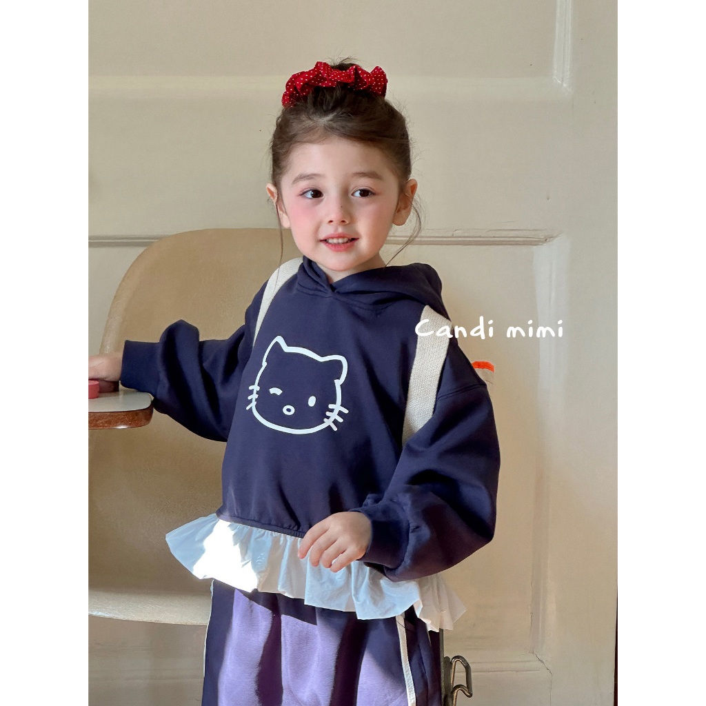 CANDIMIMI Set xanh áo hoodie hình mèo và quần bomber đính nơ - Phong cách Hàn Quốc