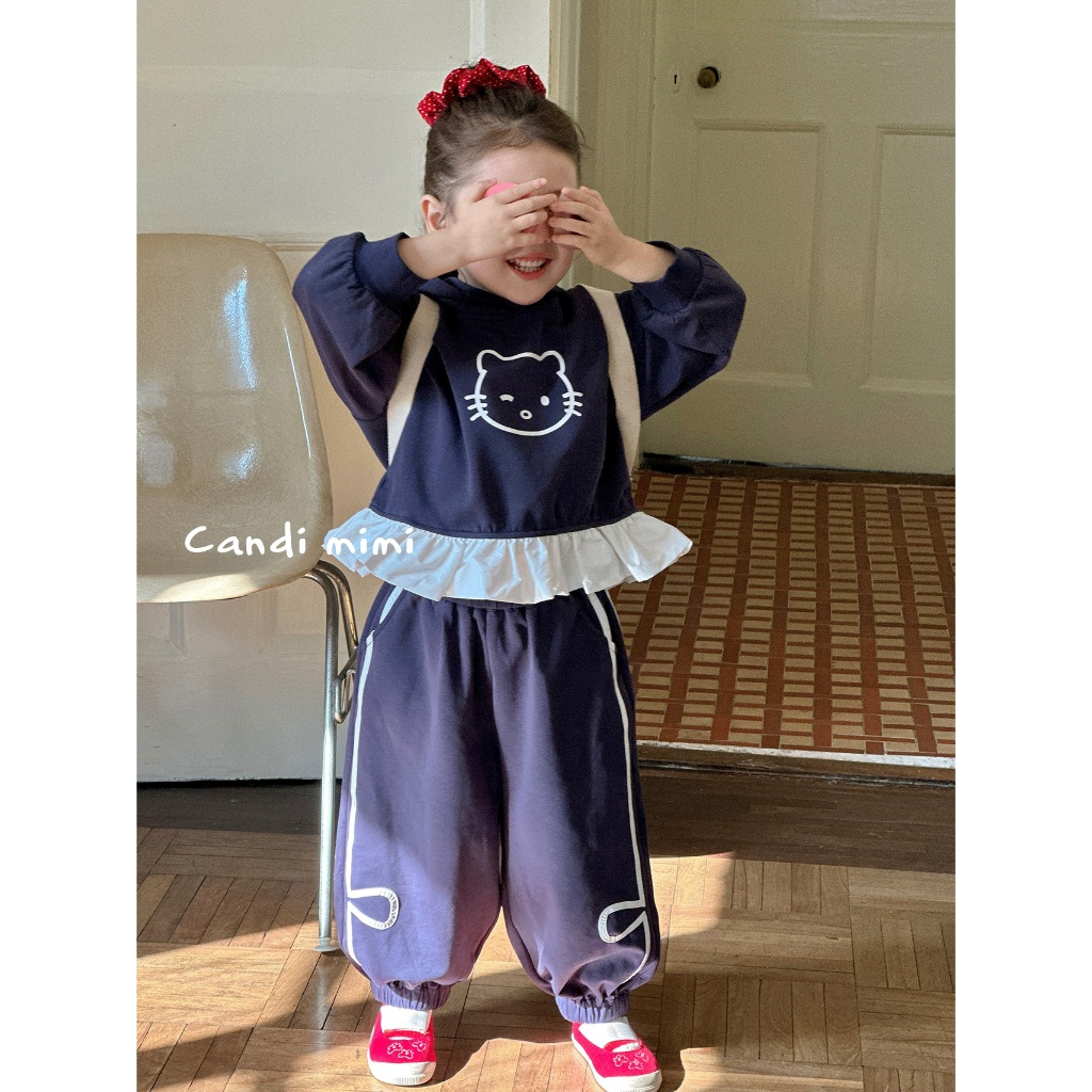 CANDIMIMI Set xanh áo hoodie hình mèo và quần bomber đính nơ - Phong cách Hàn Quốc