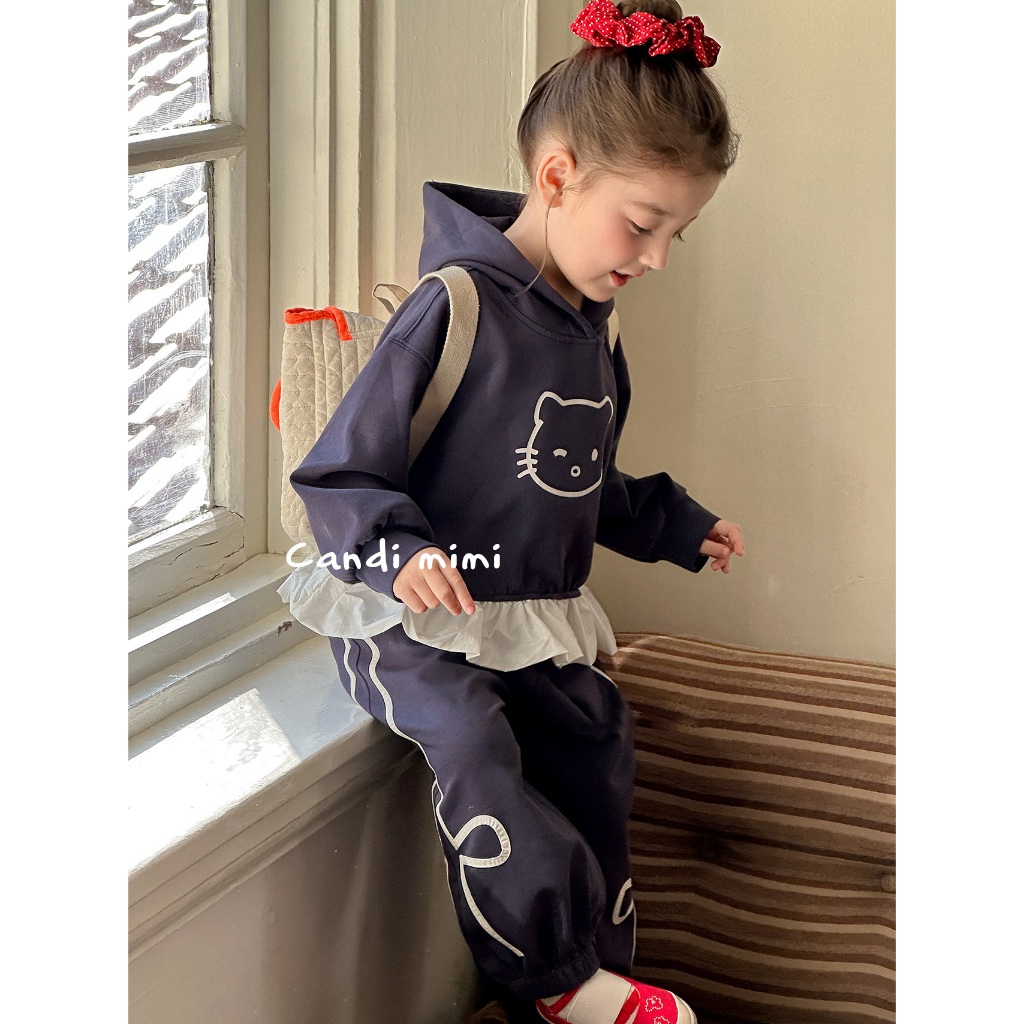 CANDIMIMI Set xanh áo hoodie hình mèo và quần bomber đính nơ - Phong cách Hàn Quốc
