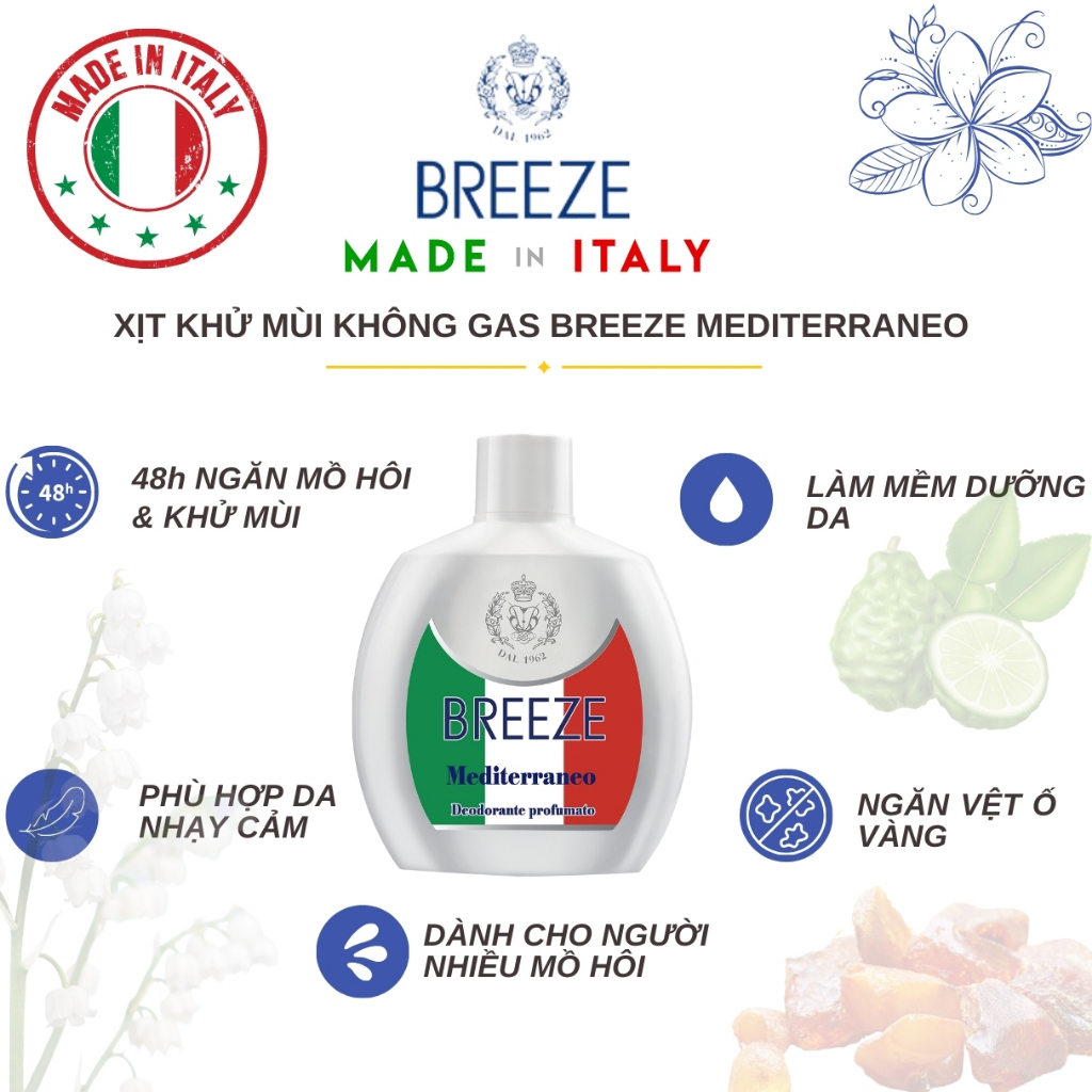 [GIẢM 50%] Xịt Khử Mùi Cơ Thể Không Gas Breeze Squeeze Mediterraneo 100ml – Hương Ý – Khử Mùi 48h