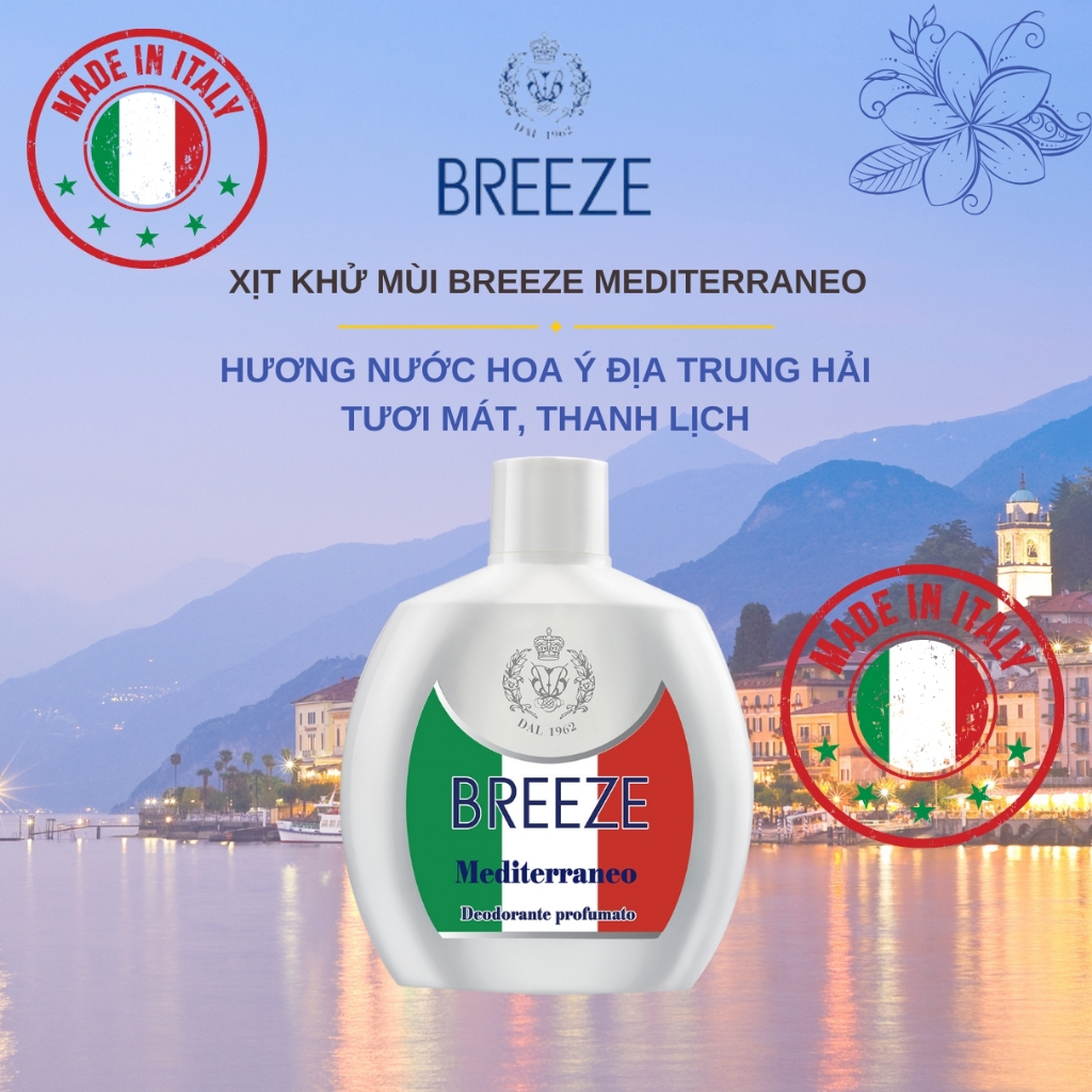 [GIẢM 50%] Xịt Khử Mùi Cơ Thể Không Gas Breeze Squeeze Mediterraneo 100ml – Hương Ý – Khử Mùi 48h