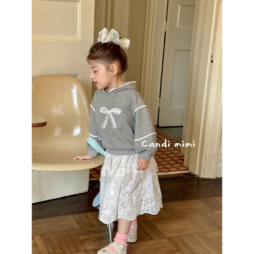 CANDIMIMI Áo hoodie ghi ren trắng cotton hình nơ cao cấp - Phong cách Hàn Quốc