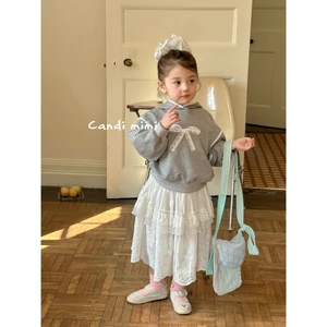 CANDIMIMI Áo hoodie ghi ren trắng cotton hình nơ cao cấp - Phong cách Hàn Quốc