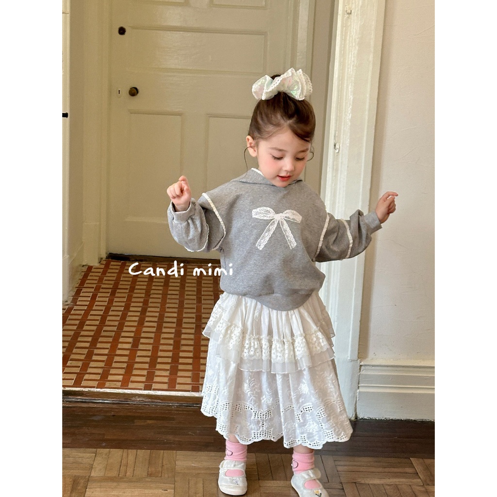 CANDIMIMI Áo hoodie ghi ren trắng cotton hình nơ cao cấp - Phong cách Hàn Quốc