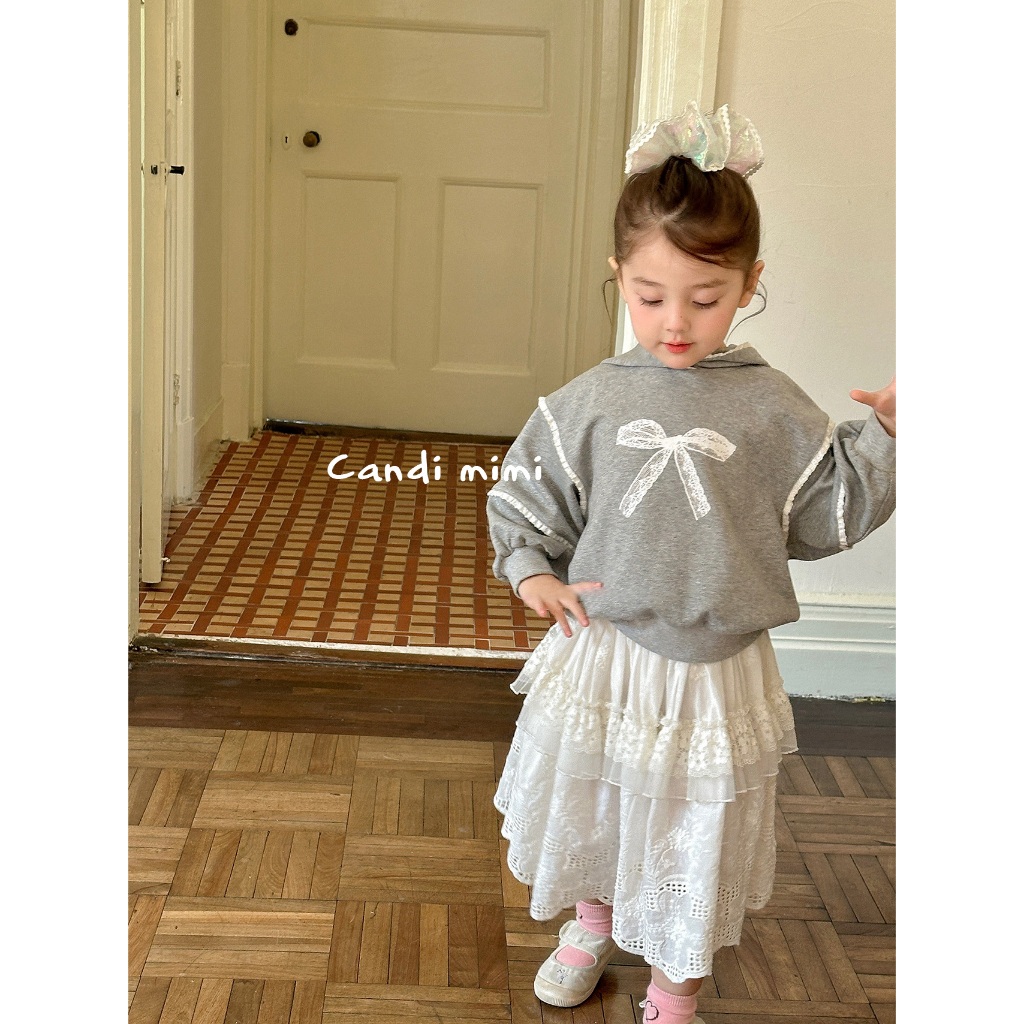 CANDIMIMI Áo hoodie ghi ren trắng cotton hình nơ cao cấp - Phong cách Hàn Quốc
