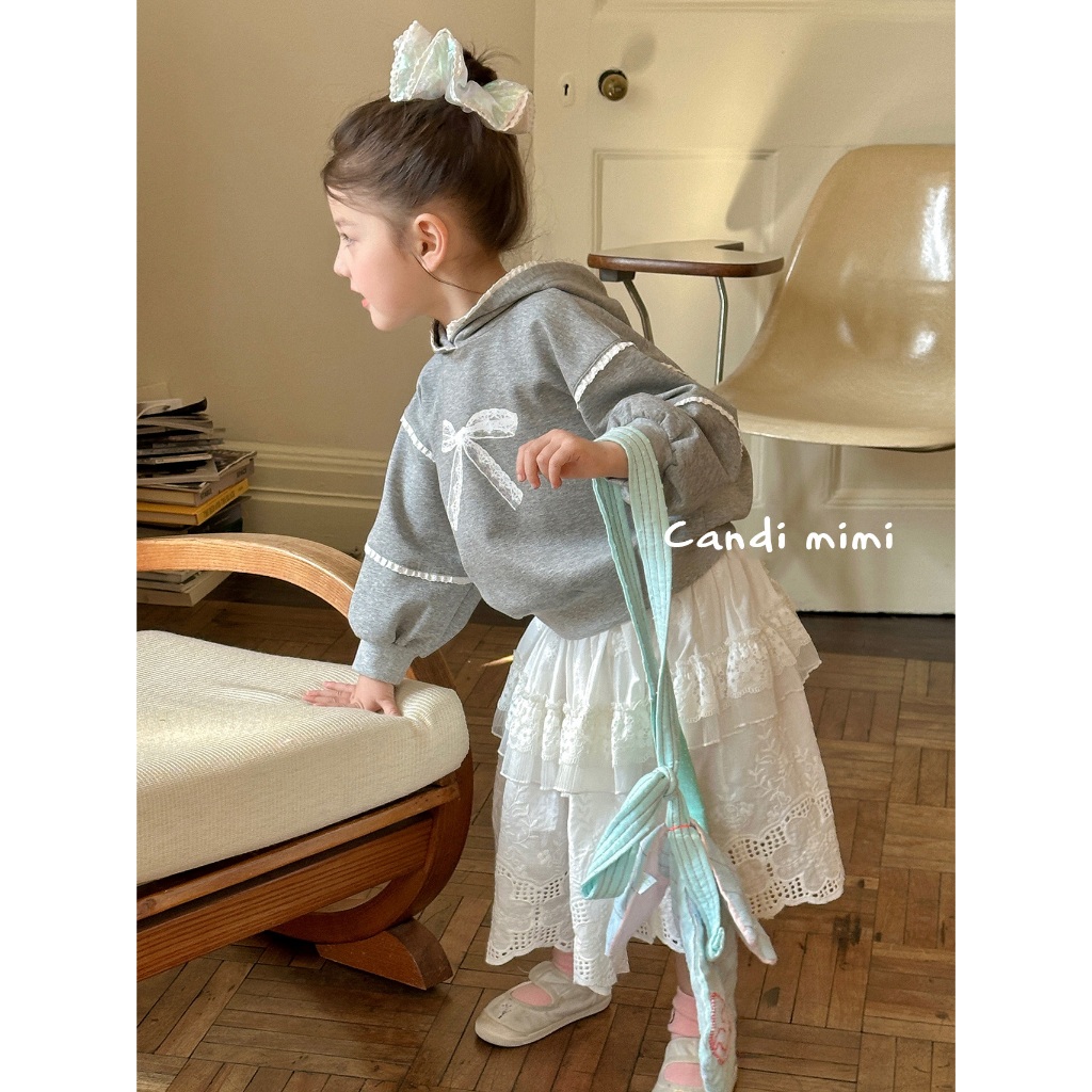 CANDIMIMI Áo hoodie ghi ren trắng cotton hình nơ cao cấp - Phong cách Hàn Quốc