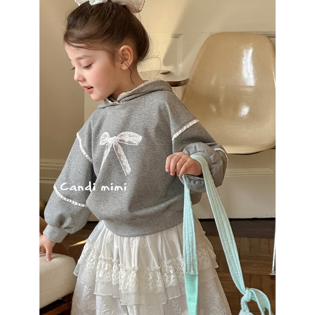 CANDIMIMI Áo hoodie ghi ren trắng cotton hình nơ cao cấp - Phong cách Hàn Quốc