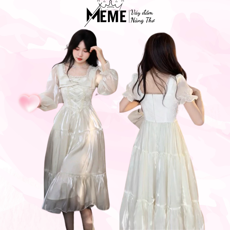 Đầm tiểu thư dáng dài MeMe thiết kế cổ chữ U phối ren đan dây eo tinh tế tùng váy xoè nhẹ nhàng dự tiệc [TLV22]