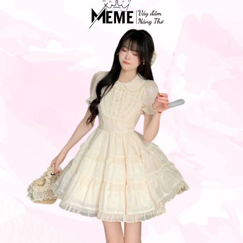 Đầm xoè công chúa cổ tròn phối ren tay bồng ba tâng xoè xinh xắn dự tiệc chụp ảnh sinh nhật -[TLV23] MeME Boutique