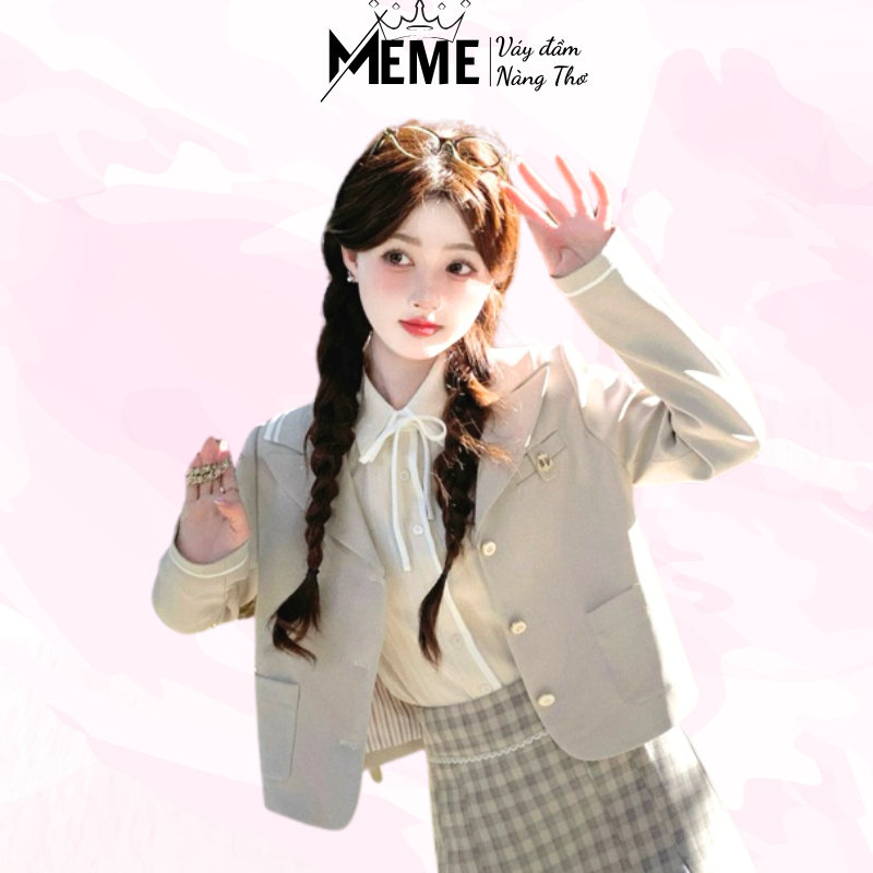 Áo Blazer crotop chất liệu chéo hàn có hai màu đen và trắng phong cách nữ sinh Hàn Quốc cá tính- [AB01]- MeMe