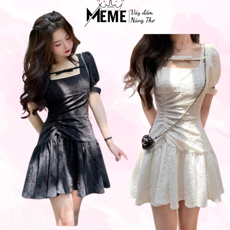 Váy Xoè Dáng Ngắn Thiết Kế Cổ Vuông Tay Bồng Cách Điệu Siết Eo Tôn Dáng - MeMe Boutique [TLV8]