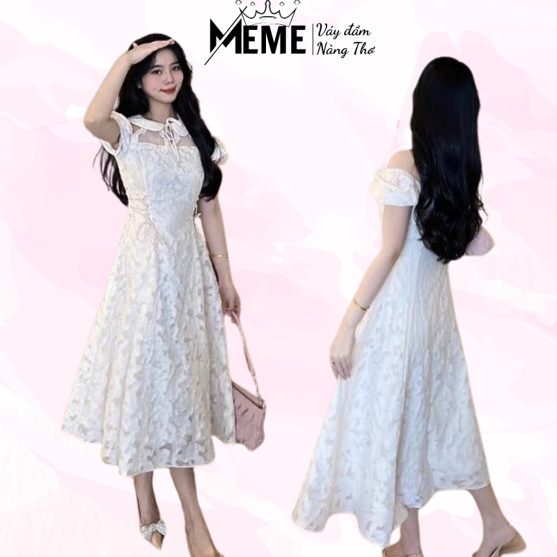 Đầm Dự Tiệc Dáng Dài Cổ Tròn Tay Bồng Mặc Tôn Dáng Chất Liệu Tơ Hoa Nổi Nhẹ Nhàng Nữ Tính- (TLV12) MeMe