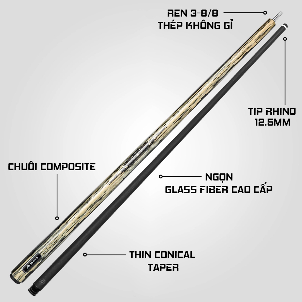Ảnh Gậy Bida Lỗ Rhino G-W Pale Moon Ebony - Ngọn Glassfiber - Chính Hãng - Tặng kèm combo phụ kiện 3