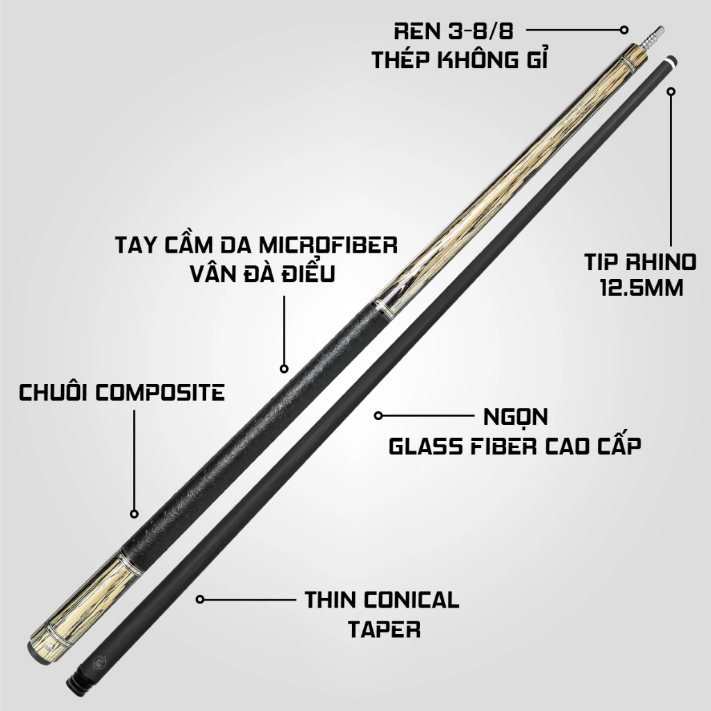 Ảnh Gậy Bida Lỗ Rhino G-W Pale Moon Ebony - Ngọn Glassfiber - Chính Hãng - Tặng kèm combo phụ kiện 2