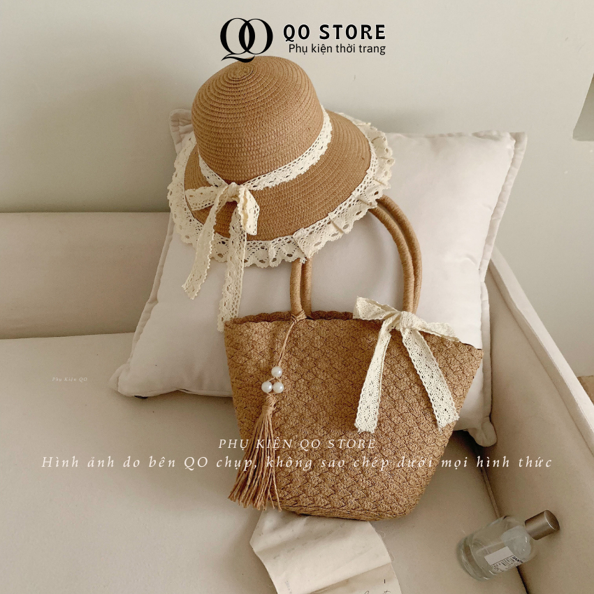 [MỞ BÁN]Combo Túi Mũ Cói Đi Biển Phối Ren Nơ Xinh Xắn Cho Nữ Phong Cách Sang Trọng Thanh Lịch T17M17A QO STORE