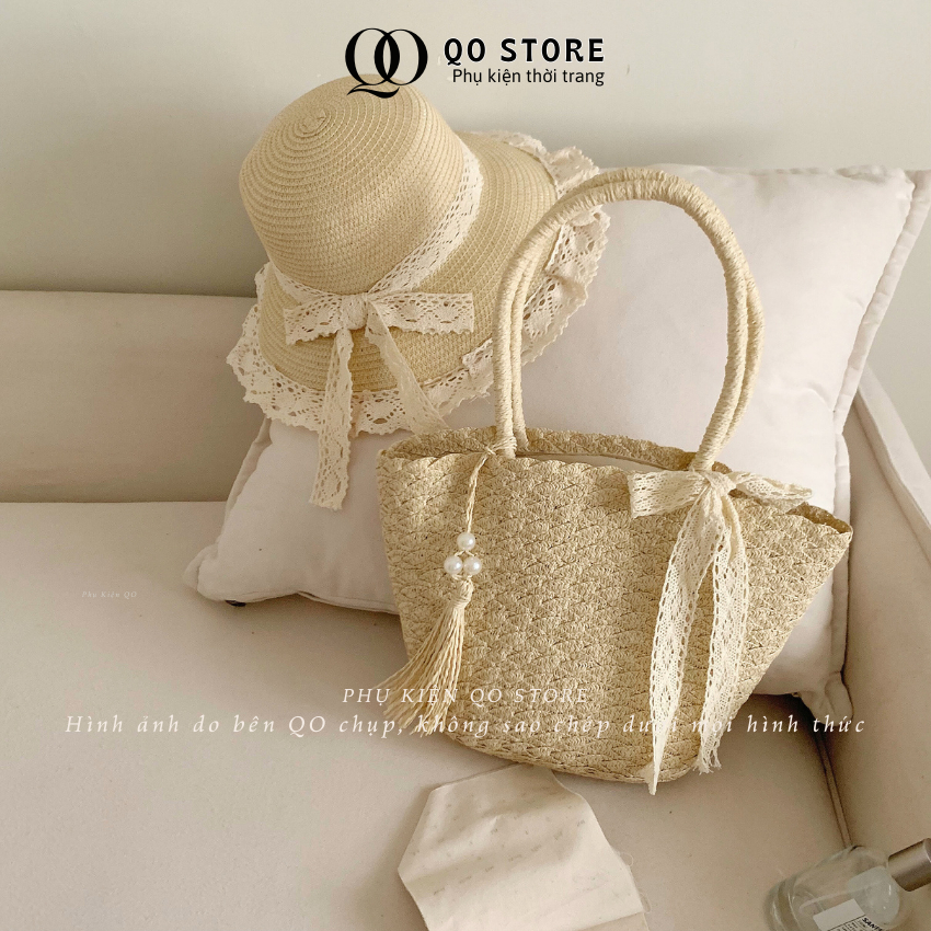 [MỞ BÁN]Combo Túi Mũ Cói Đi Biển Phối Ren Nơ Xinh Xắn Cho Nữ Phong Cách Sang Trọng Thanh Lịch T17M17A QO STORE
