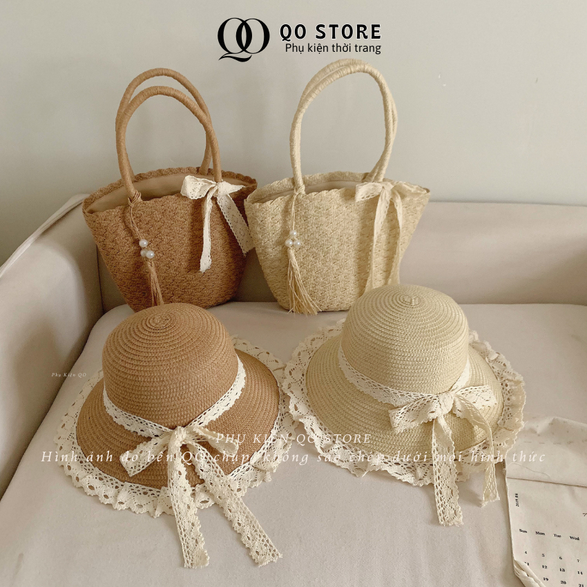[MỞ BÁN]Combo Túi Mũ Cói Đi Biển Phối Ren Nơ Xinh Xắn Cho Nữ Phong Cách Sang Trọng Thanh Lịch T17M17A QO STORE