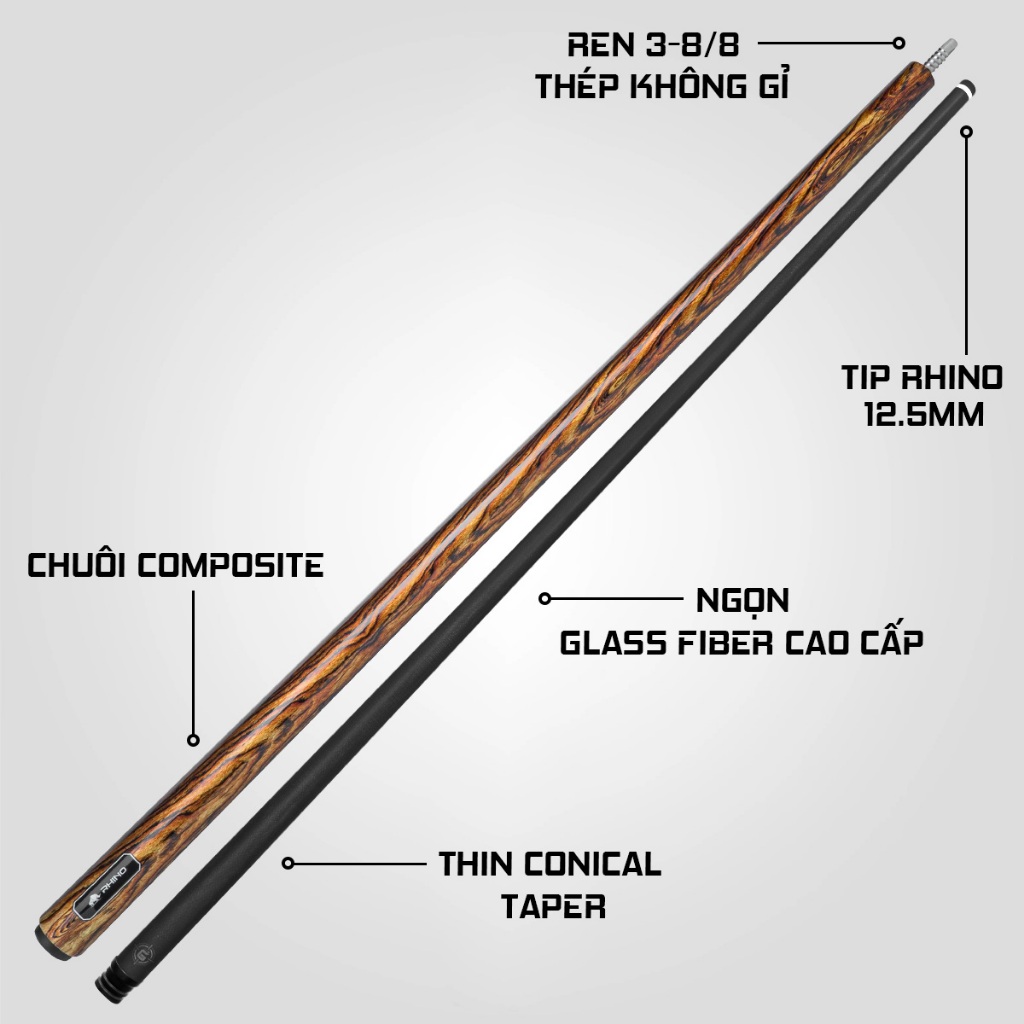 Ảnh Gậy Bida Lỗ Rhino G-W Bocote - Ngọn Glassfiber - Chính Hãng - Tặng kèm combo phụ kiện 3