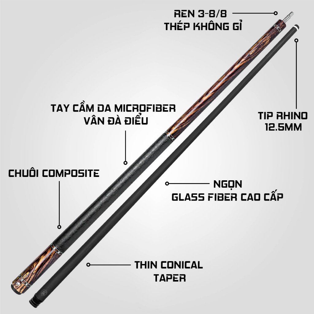 Ảnh Gậy Bida Lỗ Rhino G-W Bocote - Ngọn Glassfiber - Chính Hãng - Tặng kèm combo phụ kiện 2