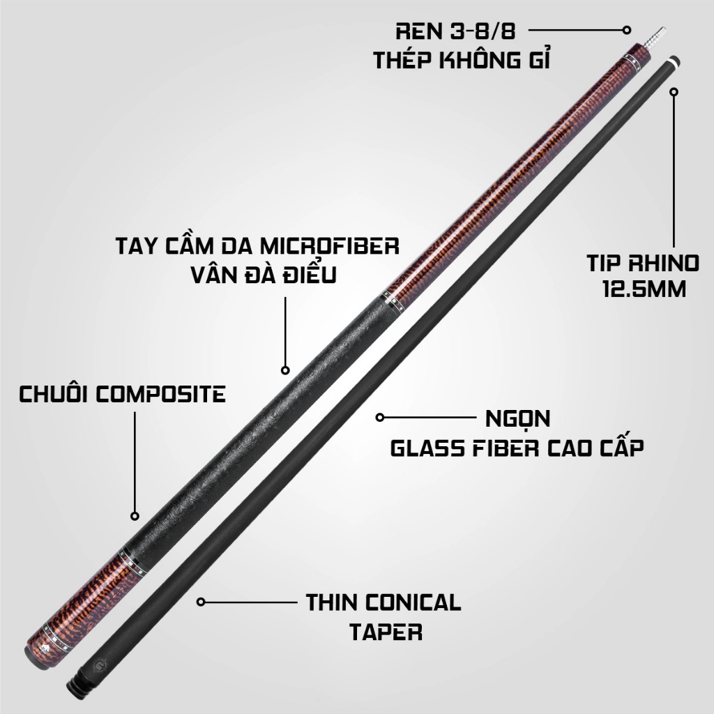 Ảnh Gậy Bida Lỗ Rhino G-W Snake - Ngọn Glassfiber - Chính Hãng - Tặng kèm combo phụ kiện 2