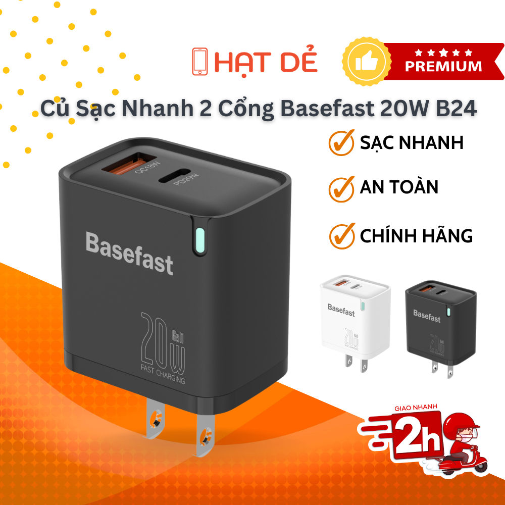 Bộ sạc nhanh 20W Củ sạc 2 Cổng USB và Type C Chính Hãng Basefast B24