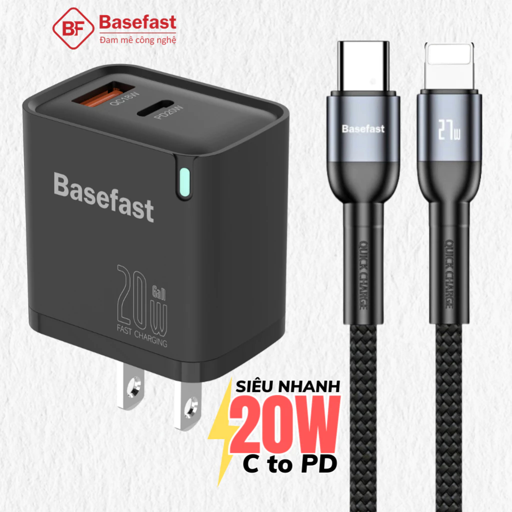 Bộ sạc nhanh 20W Củ sạc 2 Cổng USB và Type C Chính Hãng Basefast B24