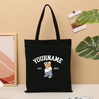 Túi tote, Túi vải bố canvas cotton in tên và năm sinh theo yêu cầu Hydro Bear đeo vai thời trang đựng vừa A4 - yc196