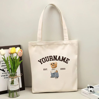 Túi tote, Túi vải bố canvas cotton in tên và năm sinh theo yêu cầu Hydro Bear đeo vai thời trang đựng vừa A4 - yc196