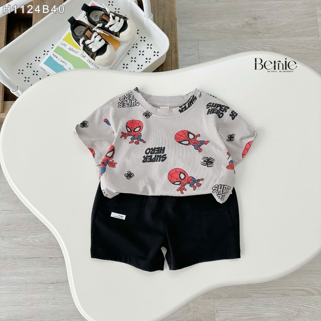 Bộ cotton hoạ tiết siêu nhân cho bé trai, bộ thun cotton cổ tròn hoạ tiết cho bé trai H1124B40