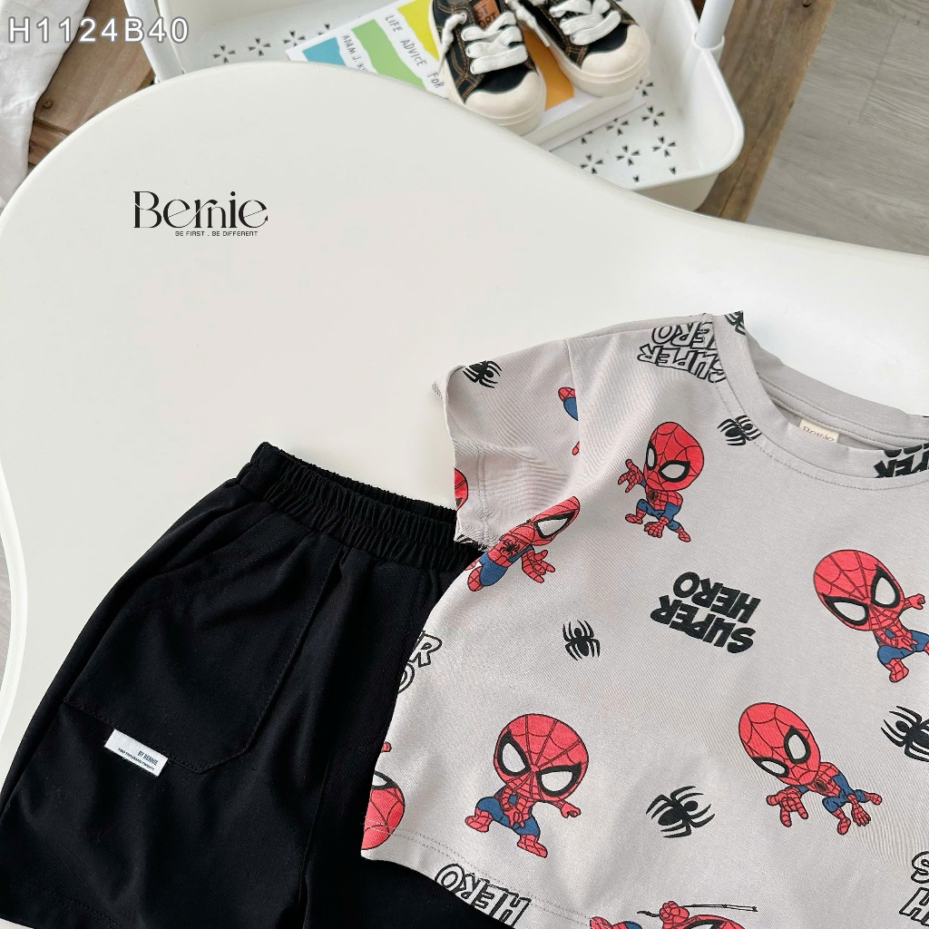 Bộ cotton hoạ tiết siêu nhân cho bé trai, bộ thun cotton cổ tròn hoạ tiết cho bé trai H1124B40