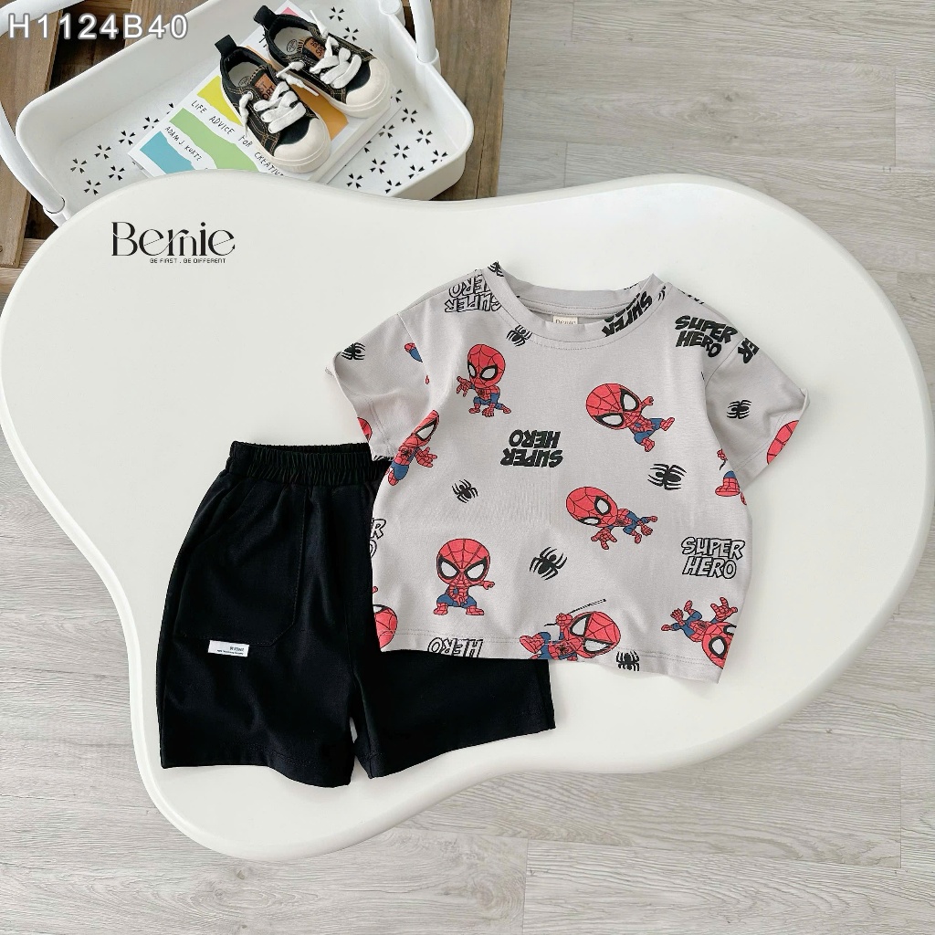 Bộ cotton hoạ tiết siêu nhân cho bé trai, bộ thun cotton cổ tròn hoạ tiết cho bé trai H1124B40