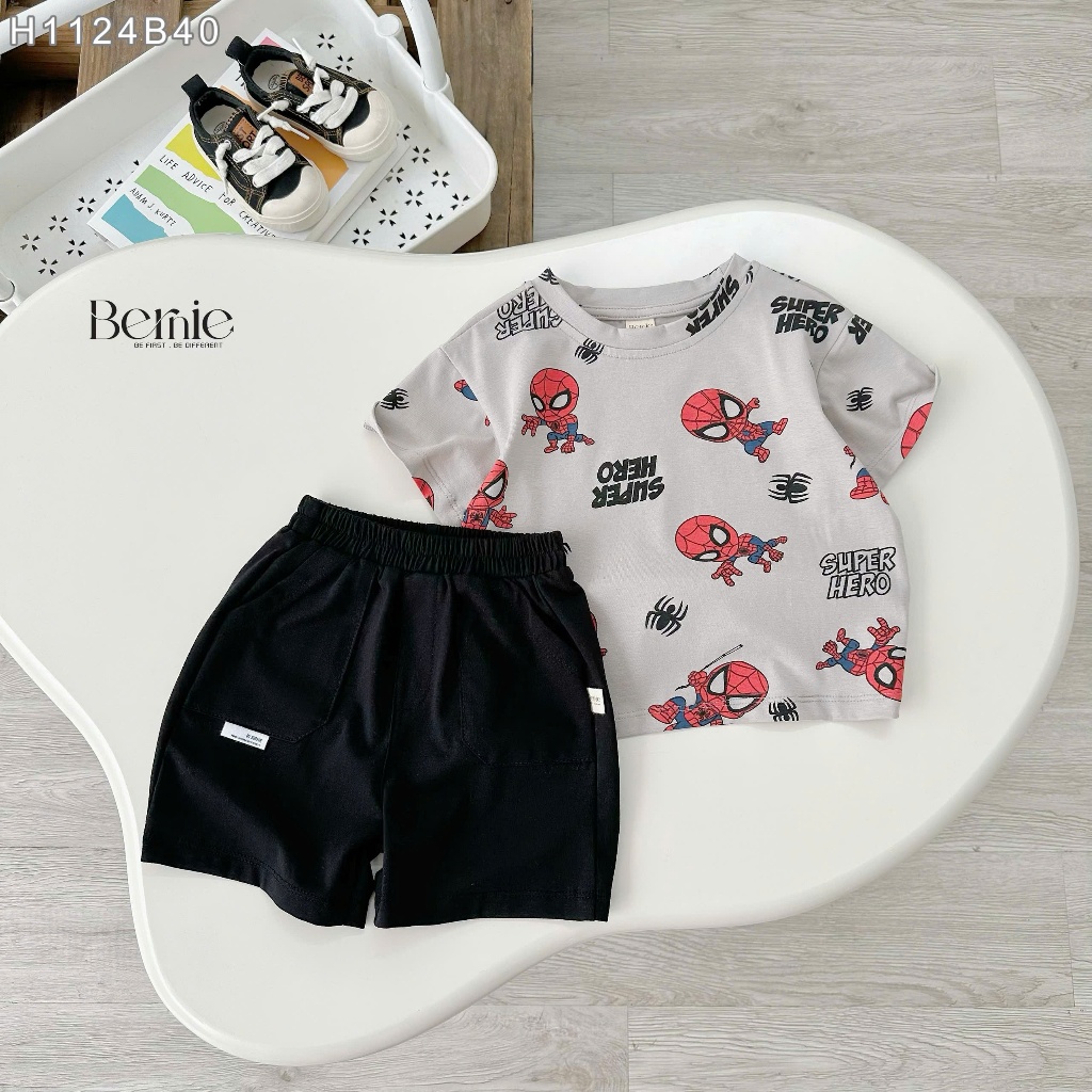 Bộ cotton hoạ tiết siêu nhân cho bé trai, bộ thun cotton cổ tròn hoạ tiết cho bé trai H1124B40