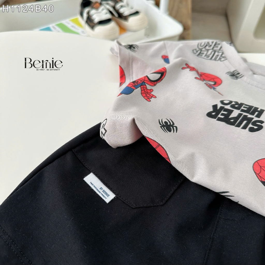 Bộ cotton hoạ tiết siêu nhân cho bé trai, bộ thun cotton cổ tròn hoạ tiết cho bé trai H1124B40