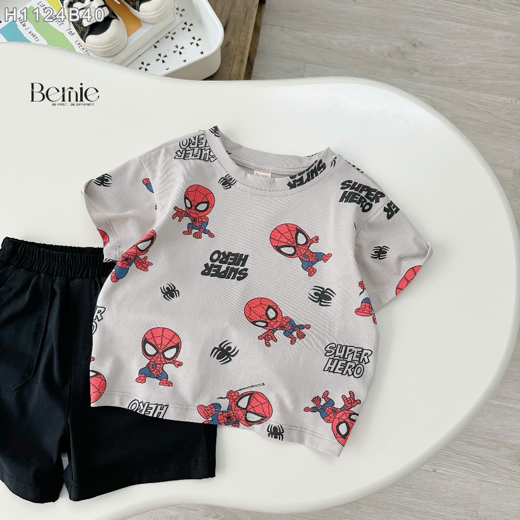 Bộ cotton hoạ tiết siêu nhân cho bé trai, bộ thun cotton cổ tròn hoạ tiết cho bé trai H1124B40
