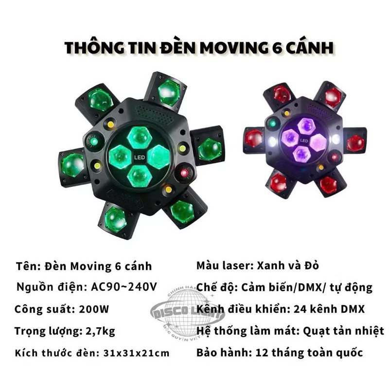 Đèn Laser Moving 6 Cánh sân khấu KingKong xoay 540 cảm ứng âm thanh điều khiển DMX 512 dành cho sân khấu phòng bay phòng