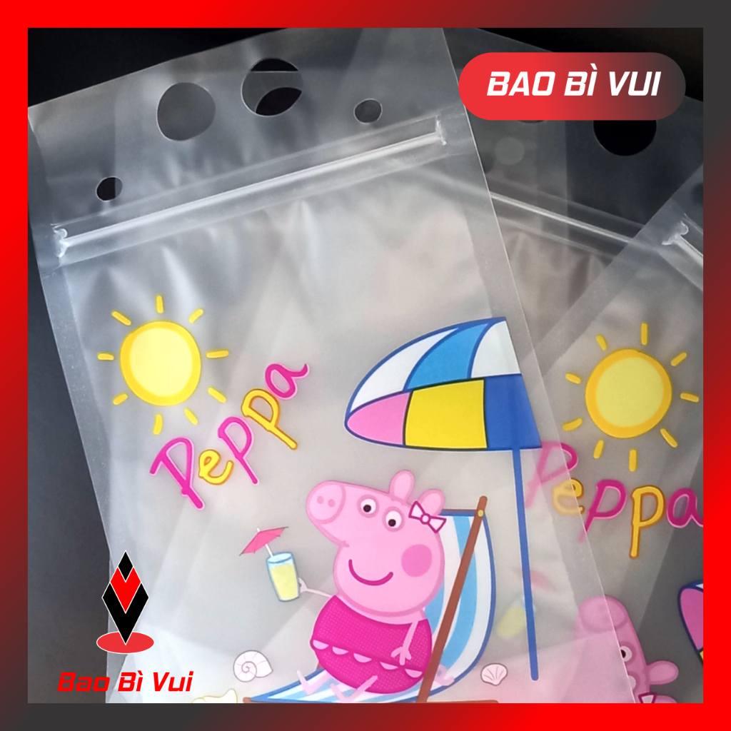 Túi zipper trà sữa lụa mờ in hình có quai xách