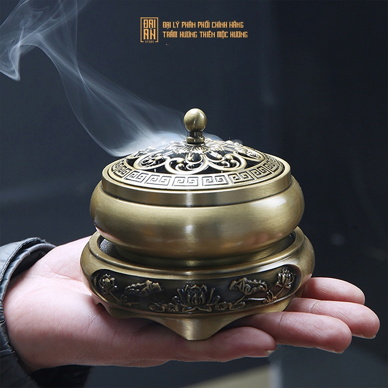Ảnh Lư đồng xông trầm, đỉnh đốt trầm hương bằng đồng nguyên khối - Kèm lót chống cháy, chân đế đôn 1