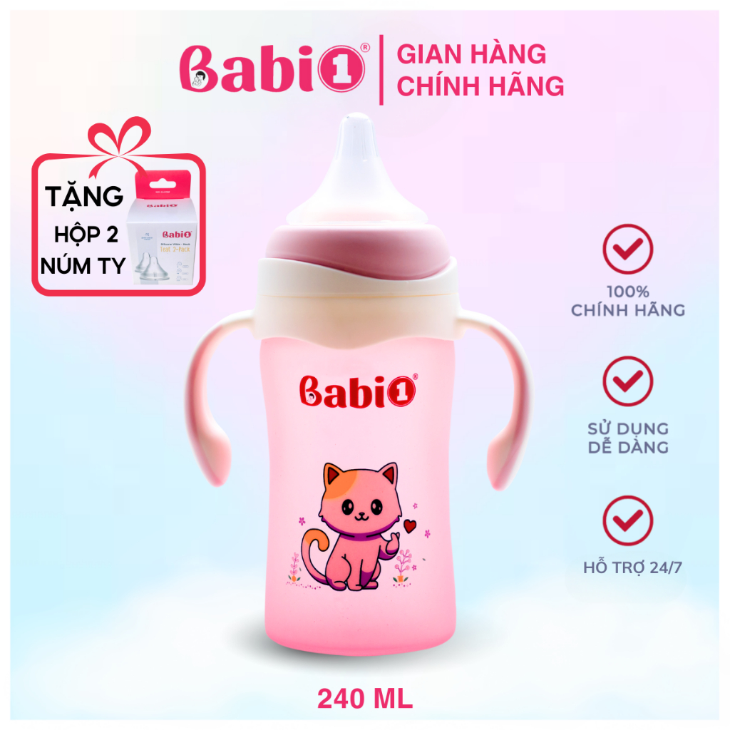 Bình Sữa Babi1 240ml | Thủy Tinh Bọc Silicon | Cảm Biến Nhiệt báo Nóng Kèm Tay Cầm | Núm Chống Sặc