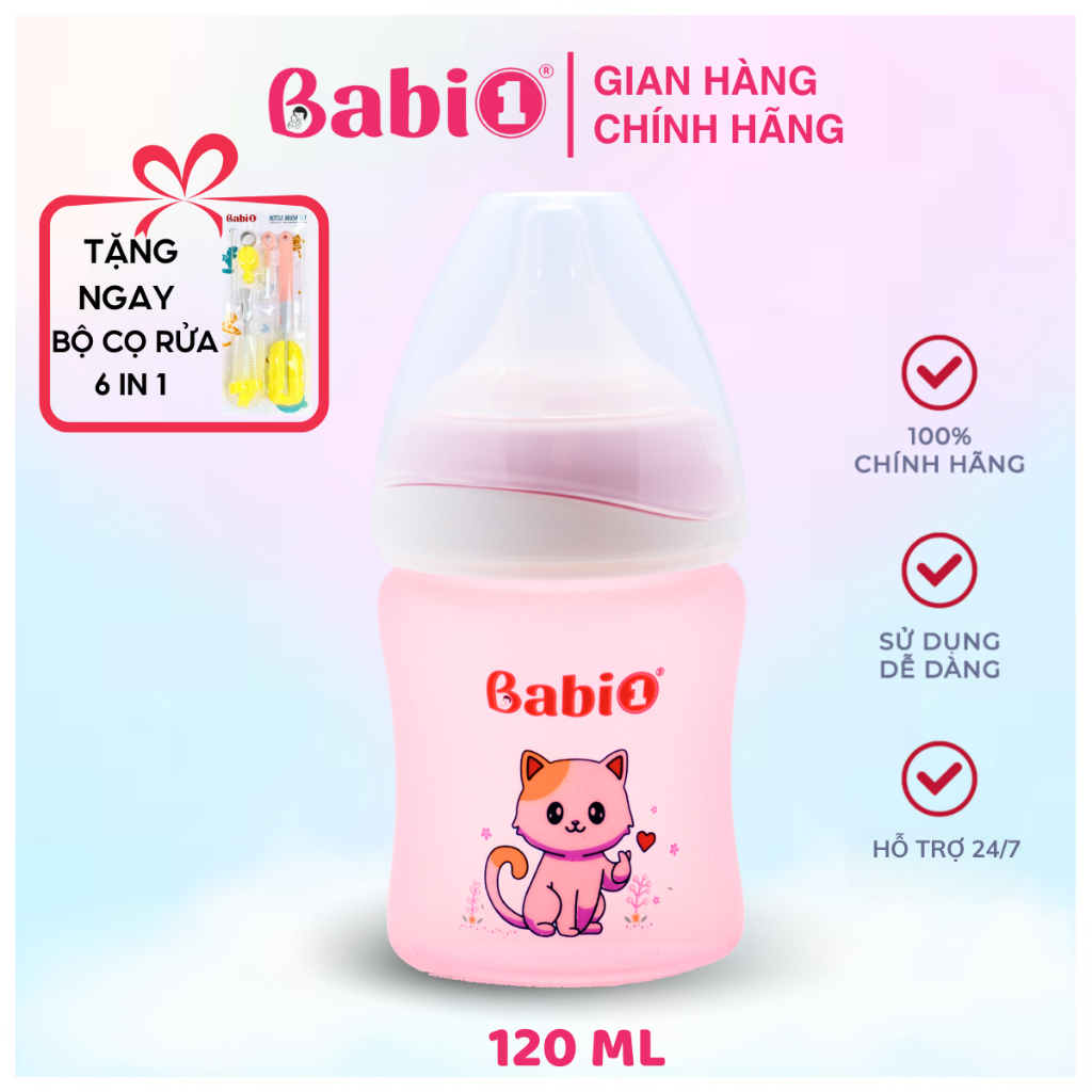 Bình Sữa Thủy Tinh Babi1 120ml | Cảm Biến Nhiệt Báo Nóng | Chống Bỏng | Núm Chống Sặc An Toàn Bé