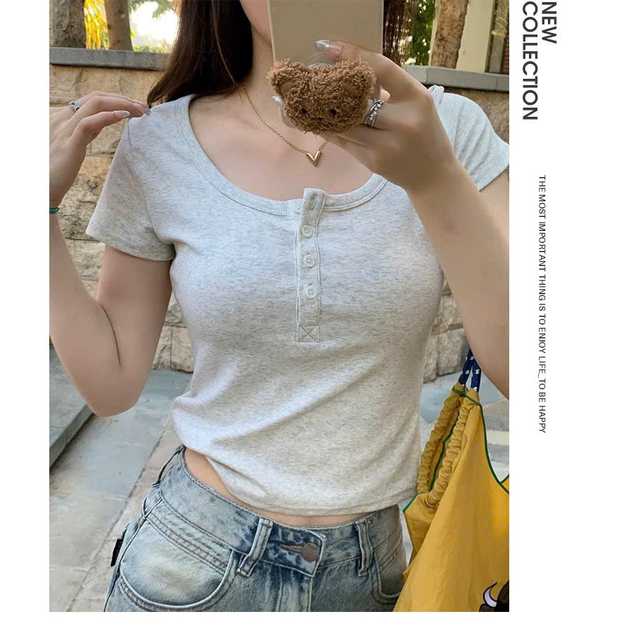 [CÓ SIZE] Áo Thun Cộc Tay RANSHI Ôm Body Dáng Vừa Tay Ngắn Phối Cúc Cài Chất Gân Dày Dặn - RA301