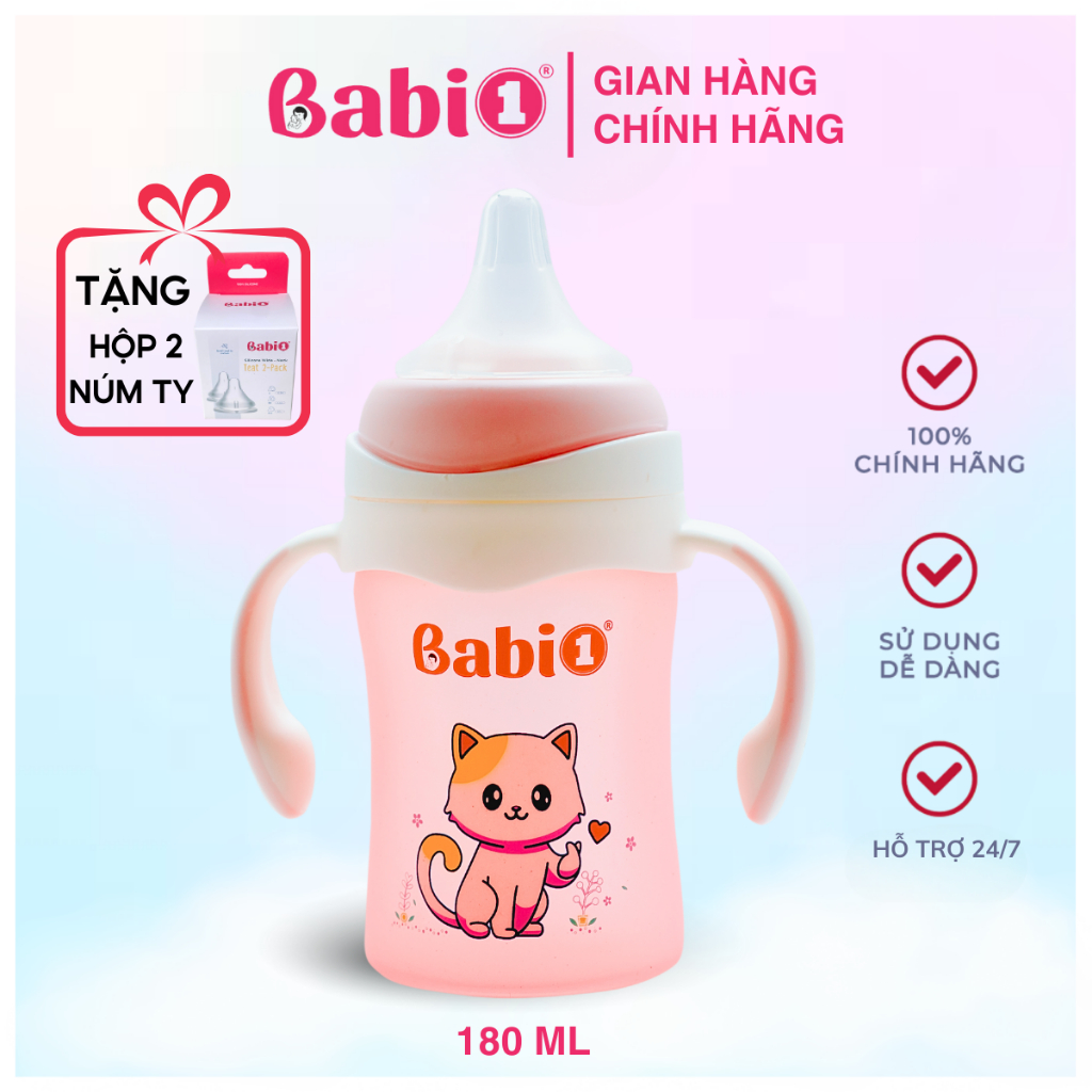 Bình Sữa Thủy Tinh Babi1 180ml Có Tay Cầm | Cảm Biến Nhiệt Báo Nóng | Núm Chống Sặc | Chống Bỏng Bé